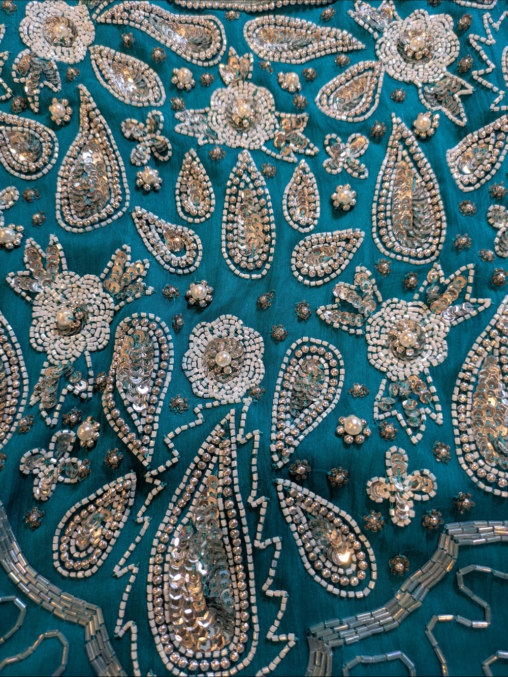 Vintage Lawrence Kazar Silk Beaded Cocktail Dress Teal Luxe Embellished Evening
